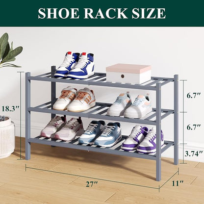 Smiry Bamboo Shoe Rack for Closet, 3 Tier Wooden Stackable Shoe Organizer - Image 2