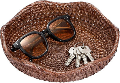 Hipiwe Decorative Key Bowl 8.5" Round Basket Bowl Handwoven Rattan Basket | - Image 8