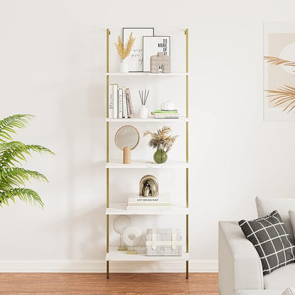 5 Tiers Ladder Shelf White Marble Modern Bookshelf Open Tall Wall Mount - Image 2