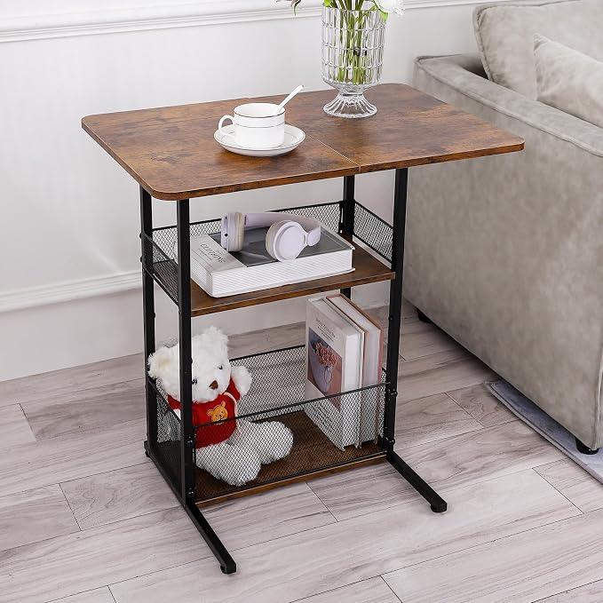 C Shaped End Table with Storage Shelf Basket, Small Couch Table with Wheels - Image 2