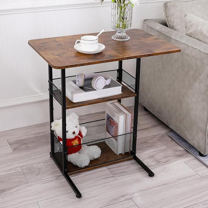 C Shaped End Table with Storage Shelf Basket, Small Couch Table with Wheels - Image 2