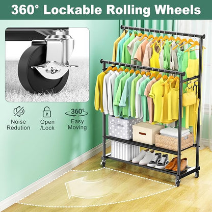 Double Rods Clothes Rack for Hanging Clothes, Heavy Duty Rolling Clothing Rack - Image 6