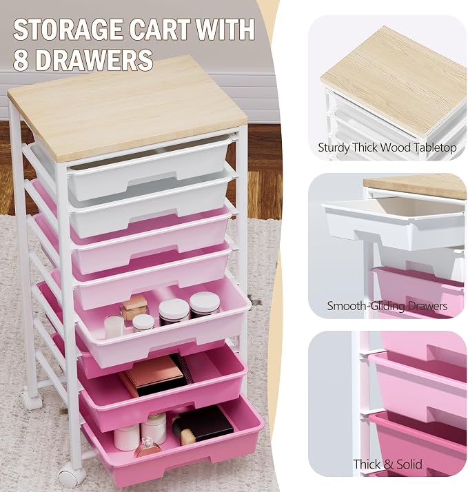 Rolling Cart with 8 Drawers, Storage Drawers Cart with Wooden Tabletop and - Image 5