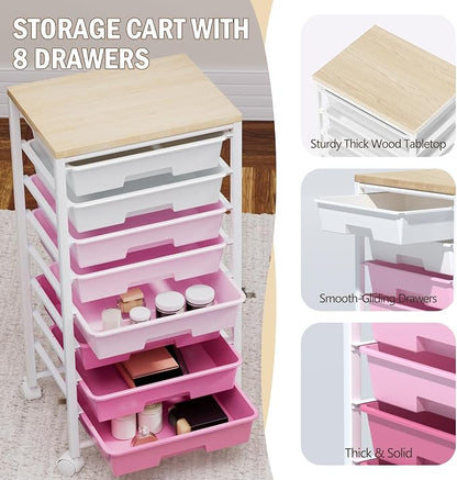 Rolling Cart with 8 Drawers, Storage Drawers Cart with Wooden Tabletop and - Image 5