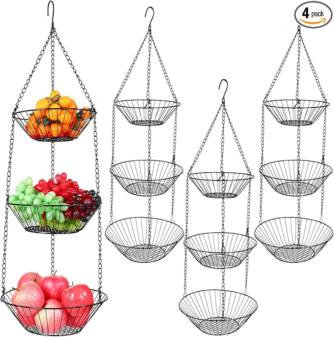 4 Pack 3-tier Hanging Fruit Basket Kitchen Hanging Wall Fruit Storage by Maxdot