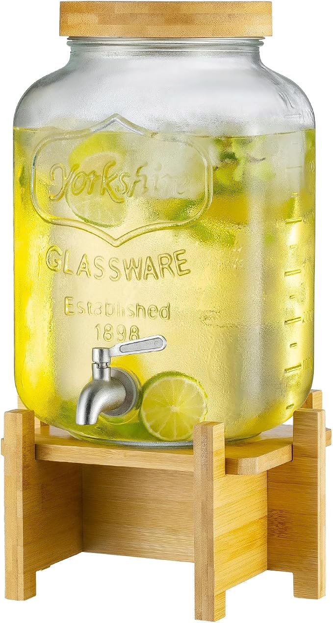 Drink Dispenser with Wood Stand and Lid, 2 Gallon Glass Beverage Dispenser with by PTSTING