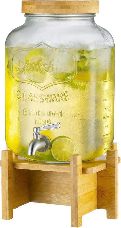 Drink Dispenser with Wood Stand and Lid, 2 Gallon Glass Beverage Dispenser with by PTSTING