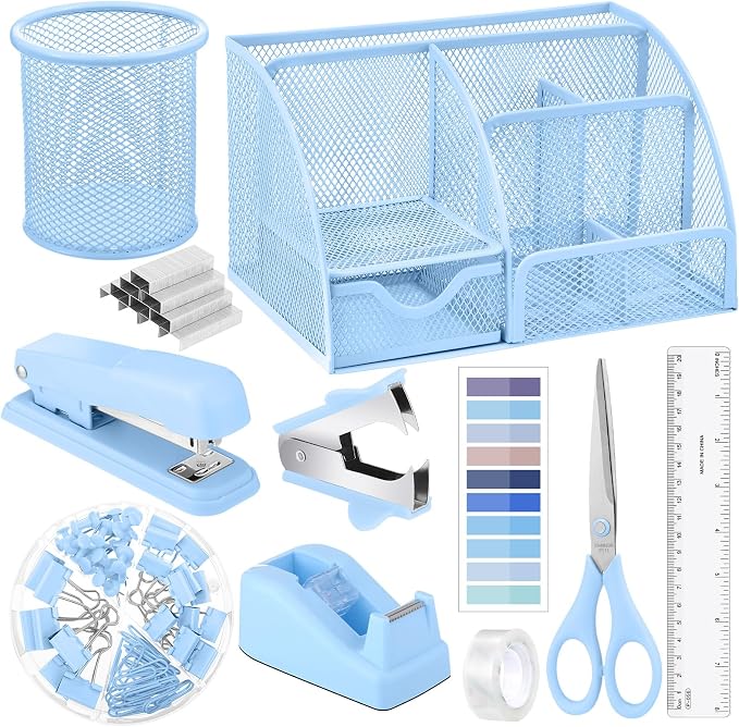 11 In 1 Blue Desk Organizer And Accessories, Light Blue Office Supplies Include by auroray
