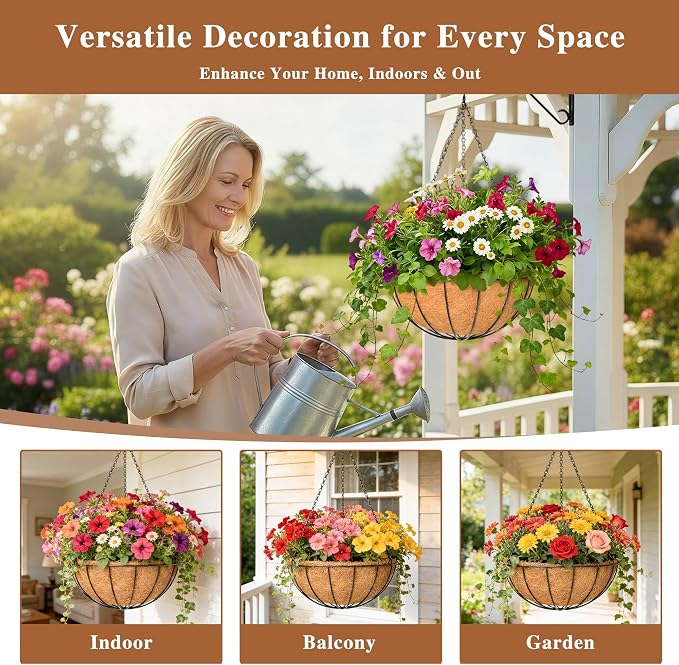 4 Pack Hanging Planter for Outdoor Plants 16 inch Metal Hanging Flower Basket - Image 2