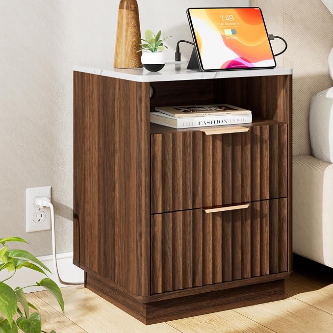 Fluted Night Stand with Charging Station, 2 Drawers End Table with Storage by FavourLife