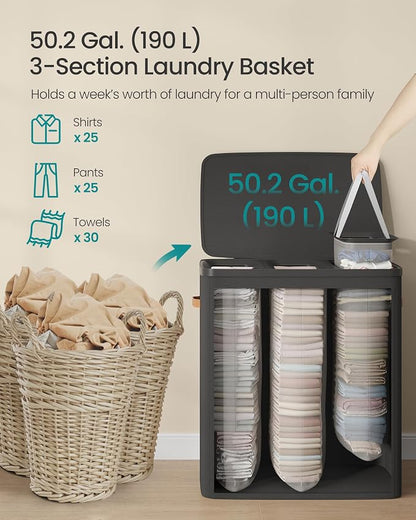 SONGMICS Laundry Basket, 50.2 Gal. Laundry Hamper, 3 Compartments, Easy Assembly - Image 4