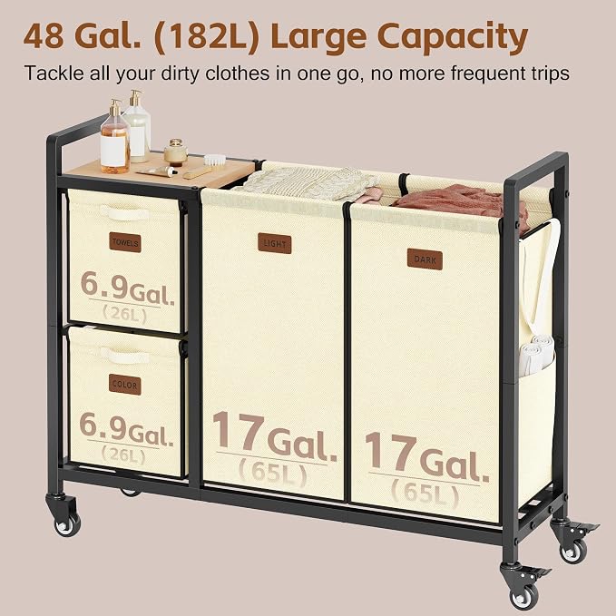 Hoctieon 4 Section Laundry Cart, 48 Gal. Laundry Hamper - Image 7