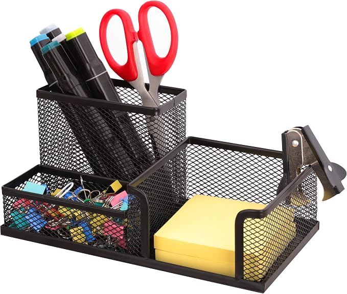 Ludato Desk Organizers Mesh Pencil Holder，3 Compartments Black Mesh Pen Holder by Ludato