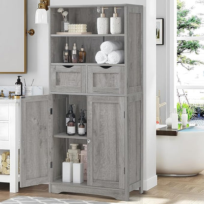 Iwell Storage Cabinet with 2 Drawers & Adjustable Shelf, Tall Bathroom Cabinet - Image 2