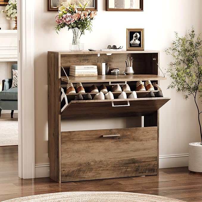 VINGLI Grey Shoe Cabinet for Entryway, Slim Shoe Rack Storage by VINGLI