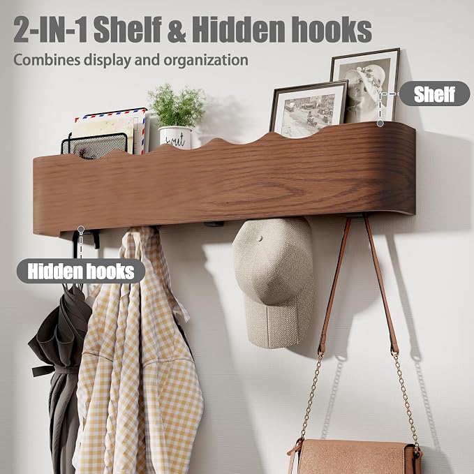 Coat Rack Wall Mount with Shelf 4 Hidden Hooks Modern Wooden Key Holder - Image 2