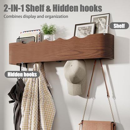 Coat Rack Wall Mount with Shelf 4 Hidden Hooks Modern Wooden Key Holder - Image 2