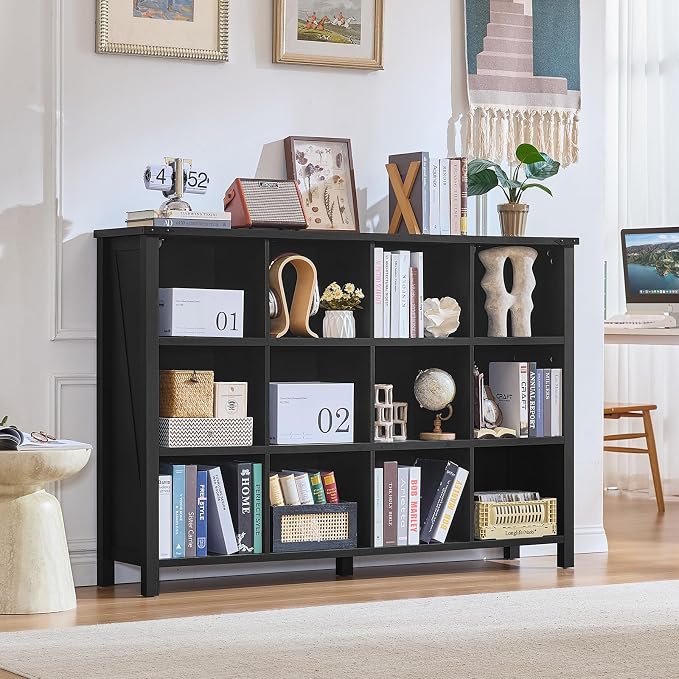 Joaxswe 12 Cube Storage Organizer, Farmhouse 62 Inch Wide Black Oak Display - Image 5