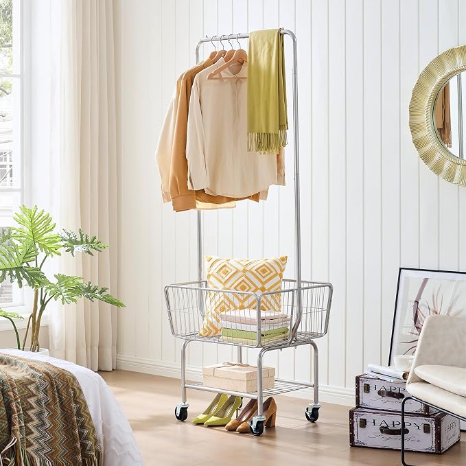 Tajsoon Laundry Cart with Hanging Rack, Metal Rolling Laundry Cart with Wheels - Image 8