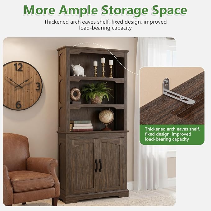 70 Inch Farmhouse Bookcase, Walnut Two-Tone Shelves, 5 Tier Bookshelf - Image 4