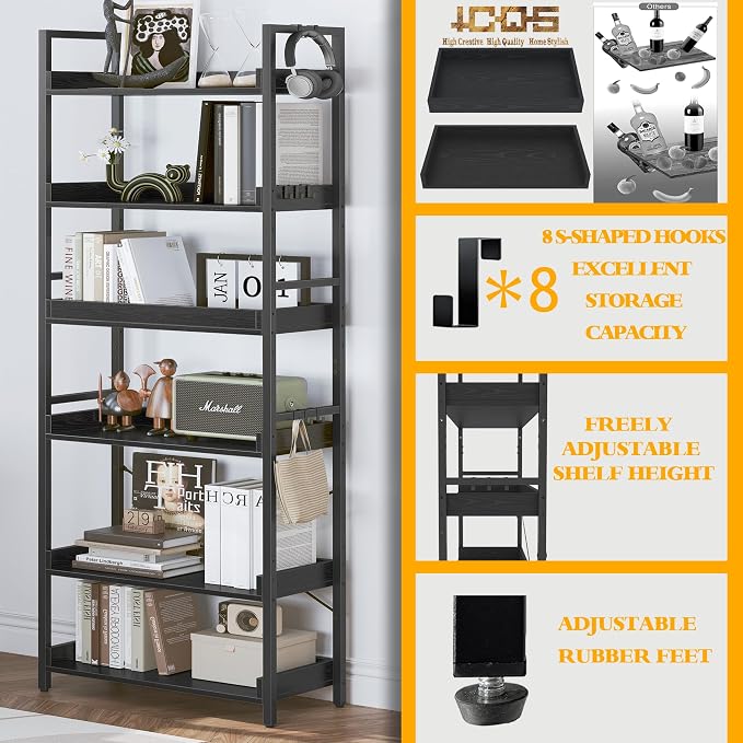 HCHQHS 6 Tier Bookshelf, Adjustable Industrial Bookcase, Vertical Tall Book - Image 5