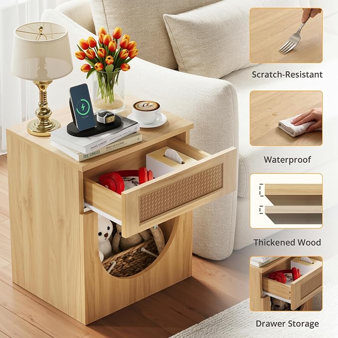 End Table with Drawer, 20 Inch Artificial Rattan Night Stand - Image 4