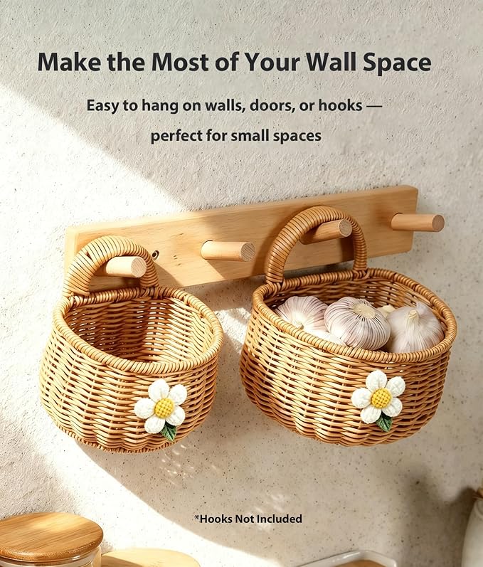 2 Pack Wall Hanging Rattan Baskets, Hand-Woven Storage Basket, Small Wall - Image 4