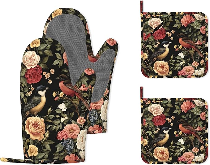 Vintage Rose Peony Floral Oven Mitts and Pot Holders, Bird Heat Resistant by Unknown