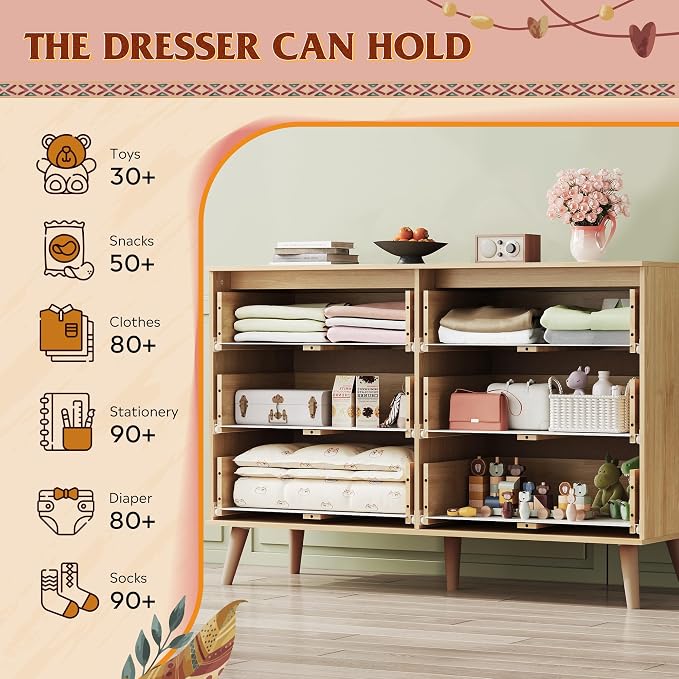 WLIVE Rattan Dresser for Bedroom, 6 Drawer 47.24'' Wide Boho Wood Dresser - Image 5