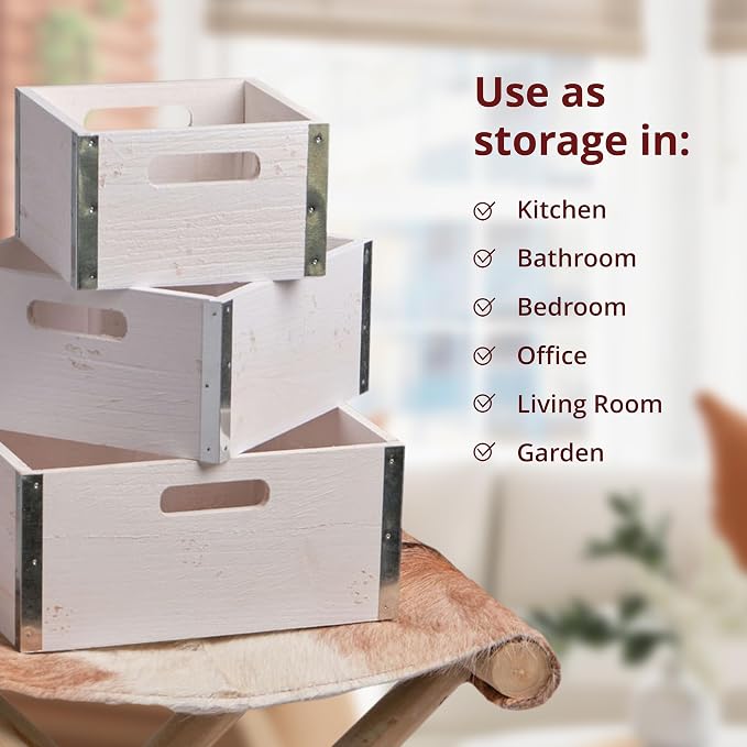wald imports - Set of 3 Rustic Whitewash Wooden Crates - Image 4