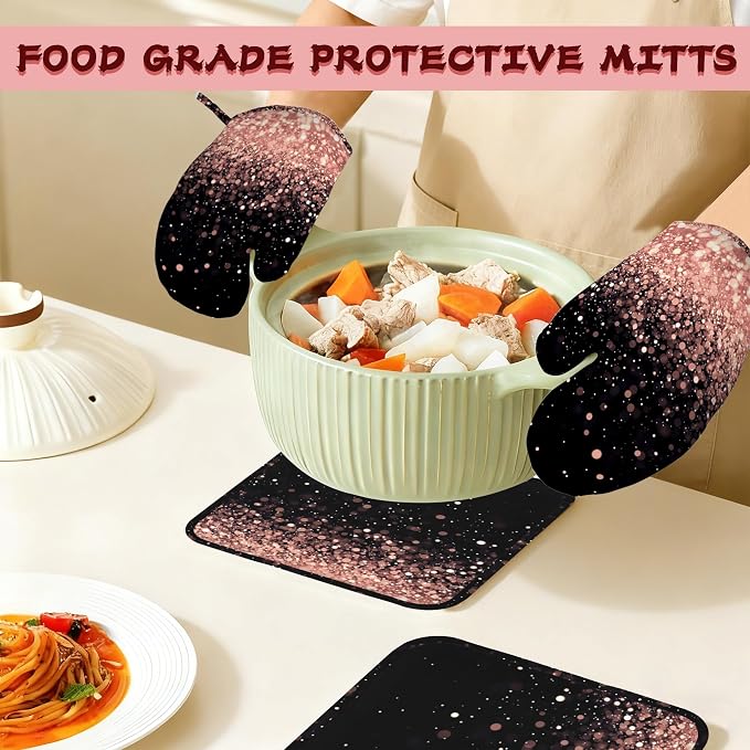Rose Gold Glitter Silicone Oven Mitts and Pot Holders, Heat-Resistant 4 Piece - Image 7