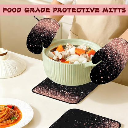 Rose Gold Glitter Silicone Oven Mitts and Pot Holders, Heat-Resistant 4 Piece - Image 7