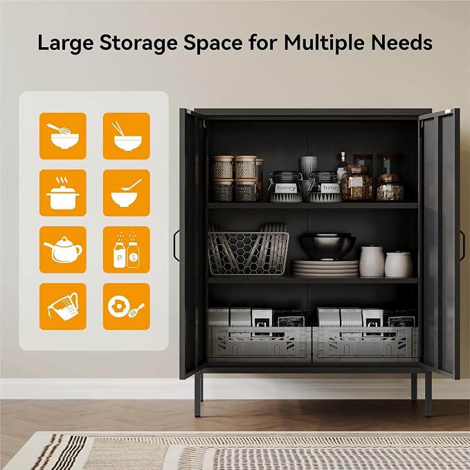 COFaR Black Metal Storage Cabinet, 40” Industrial Kitchen Organizer & Buffet - Image 6
