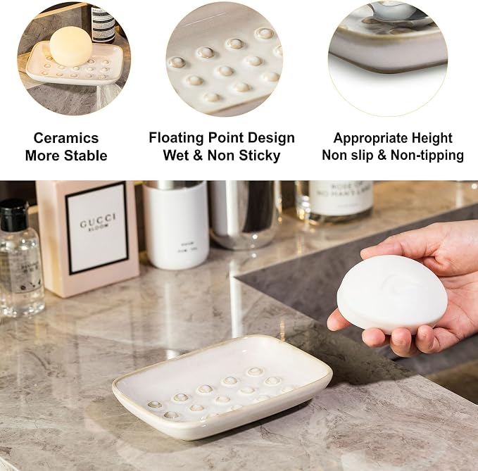 Soap Dish for Shower, Ceramic Soap Dish Non-Slip Soap Holder Bar Saver Tray for - Image 3