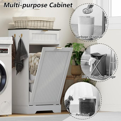 13 Gallons Tilt Out Trash Can Cabinet, Wooden Fluted Trash Garbage Can Cabinet - Image 4