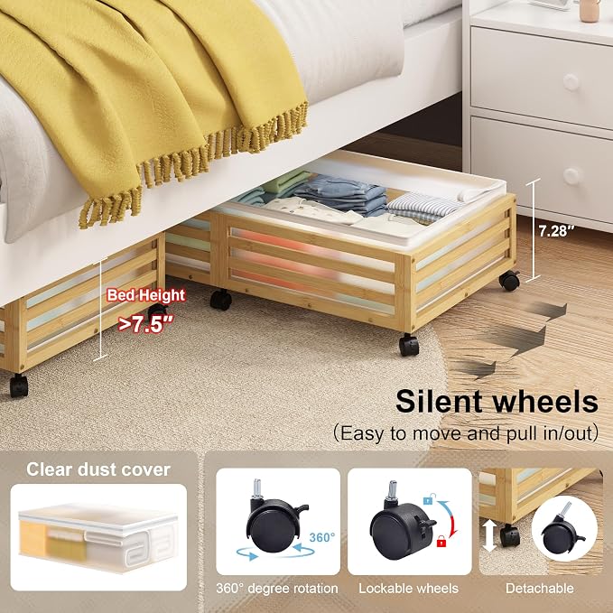 Under Bed Storage with Wheels-Large Bamboo Underbed storage Containers with - Image 2