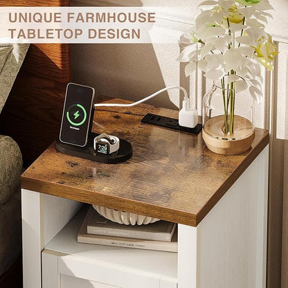 Farmhouse Nightstand with Charging Station, Couch Side Table Set of 2, Bedside - Image 2