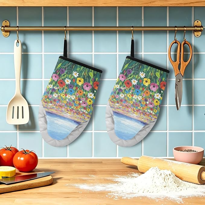 Heat Resistant Oven Mitts, Spring Daisy Colored Flowers Sea Kitchen Gloves - Image 5