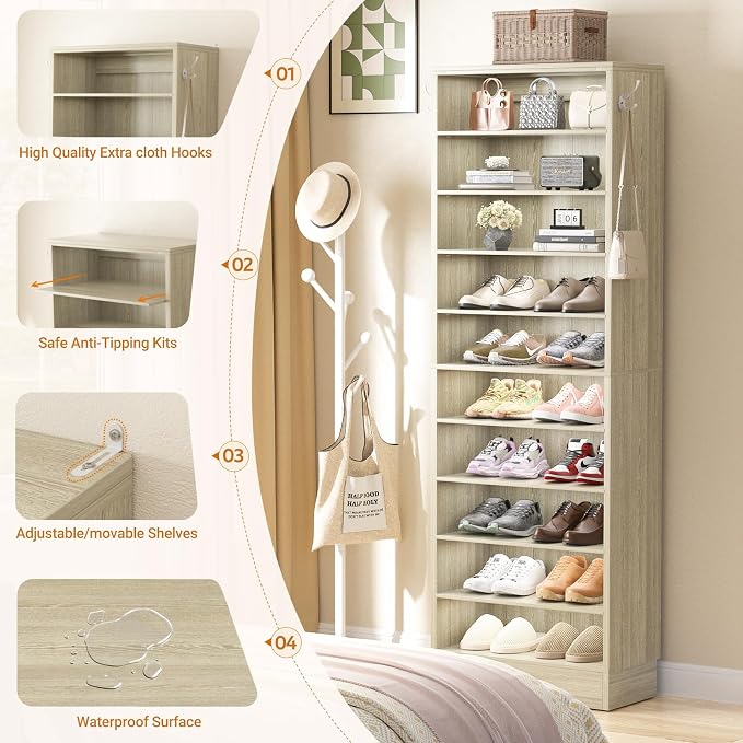 Aheaplus Tall Shoe Cabinet, 10 Tiers Narrow Wood Shoe Rack, Shoe Storage - Image 7