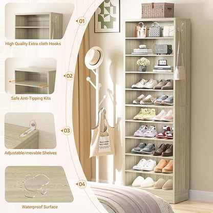Aheaplus Tall Shoe Cabinet, 10 Tiers Narrow Wood Shoe Rack, Shoe Storage - Image 7