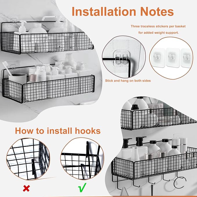 2-Pack Metal Hanging Baskets Black Adhesive Wire Wall Storage Organizer | - Image 5