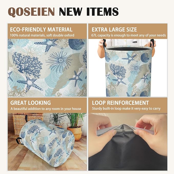 Large Laundry Basket, Corals Seashells Collapsible Laundry Baskets, Cute Algae - Image 2