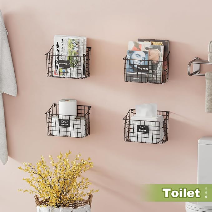 Wall Basket with Label Plate & 5 S-Hooks –4 Pack Hanging Wire Basket - Image 7