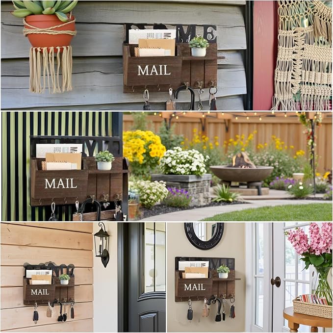 Rustic Wall Key Holder with Shelf & Hooks - Image 4