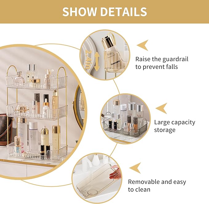 3 Tier Bathroom Organizer Countertop Makeup Perfume Tray Skincare Organizer - Image 5