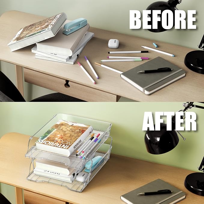 Simple Houseware 2-Tier Clear Stackable Letter Tray Organizer – Desktop File - Image 3