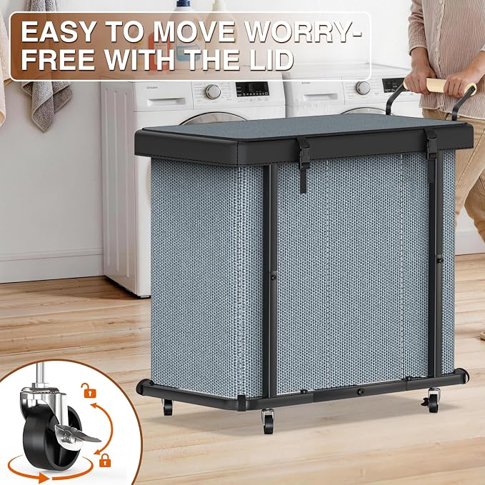 Rolling Laundry Hamper with Wheels, Laundry Hamper 3 Section with Lid, Laundry - Image 3