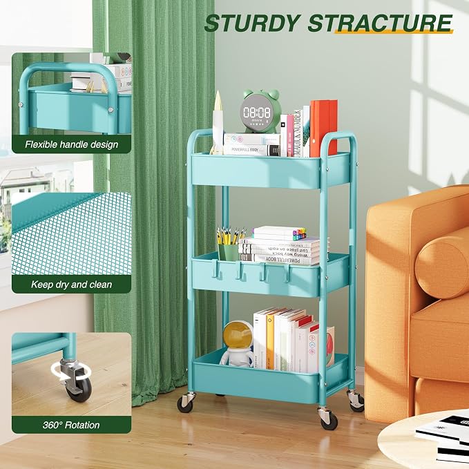LEHOM 3 Tier Rolling Storage Cart, Metal Trolley Utility Cart - Image 3