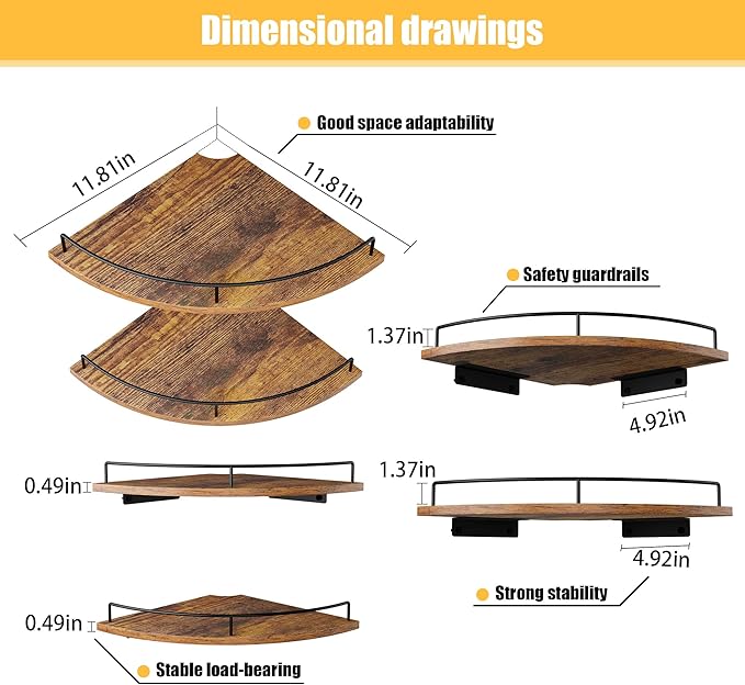 Corner Floating Shelves, Rustic Brown Wood, Wall Mount Storage - Image 2