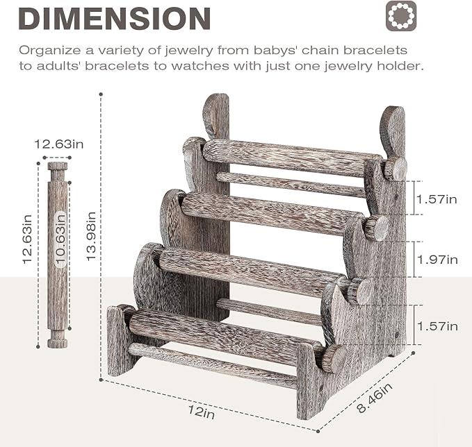 TOPNEW 4 Tier Wooden Bracelet Holder, Scrunchie Bangle Watch Necklace Display - Image 2
